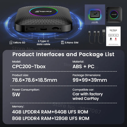 CarlinKit CarPlay Ai Box Android 13 SM6225 8 cores 8G+128G for Netflix Smart TV Box Wireless CarPlay Android Auto 512GB via TF