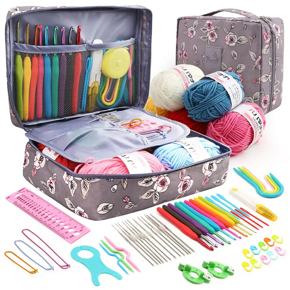 KOVEEN 59Pcs/Set  Portable Crochet Knitting Set DIY Beginner Crochet Hook Kit With Storage Bag Material Pack and Storage Tools