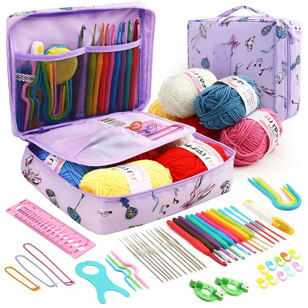 KOVEEN 59Pcs/Set  Portable Crochet Knitting Set DIY Beginner Crochet Hook Kit With Storage Bag Material Pack and Storage Tools