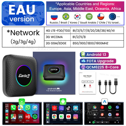 CarlinKit CarPlay Ai Box Android 13 SM6225 8 cores 8G+128G for Netflix Smart TV Box Wireless CarPlay Android Auto 512GB via TF