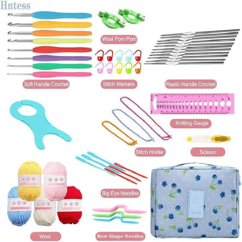 KOVEEN 59Pcs/Set  Portable Crochet Knitting Set DIY Beginner Crochet Hook Kit With Storage Bag Material Pack and Storage Tools