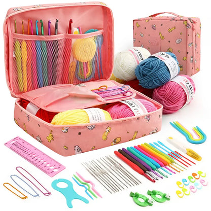 KOVEEN 59Pcs/Set  Portable Crochet Knitting Set DIY Beginner Crochet Hook Kit With Storage Bag Material Pack and Storage Tools