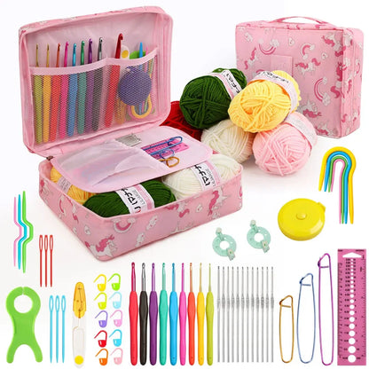 KOVEEN 59Pcs/Set  Portable Crochet Knitting Set DIY Beginner Crochet Hook Kit With Storage Bag Material Pack and Storage Tools